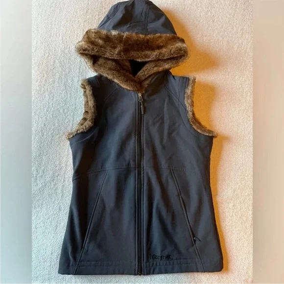 Marmot vest, dark charcoal gray and brown faux fur lined hood/ sleeves. Sz S - Picture 1 of 4